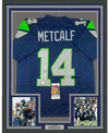 Framed Autographed/Signed DK D.K. Metcalf 35x39 Seattle Blue Football Jersey JSA COA #3