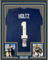 Framed Autographed/Signed Lou Holtz 35x39 Notre Dame Blue College Football Jersey JSA COA
