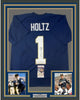 Framed Autographed/Signed Lou Holtz 35x39 Notre Dame Blue College Football Jersey JSA COA
