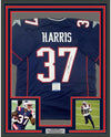 Framed Autographed/Signed Damien Harris 35x39 New England Blue Football Jersey Beckett BAS COA