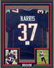 Framed Autographed/Signed Damien Harris 35x39 New England Blue Football Jersey Beckett BAS COA