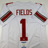 Autographed/Signed Justin Fields Ohio State White College Football Jersey Beckett BAS COA