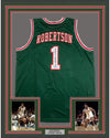Framed Autographed/Signed Oscar Robertson 71 Champs 35x39 Milwaukee Green Basketball Jersey JSA COA