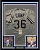 Framed Autographed/Signed David Cone 35x39 New York Grey Baseball Jersey JSA COA