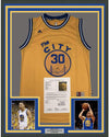 Framed Autographed/Signed Stephen Steph Curry 35x39 Golden State The City Yellow Basketball Jersey JSA COA/LOA