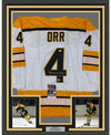 Framed Autographed/Signed Bobby Orr 35x39 Boston White Hockey Jersey JSA & GNR COA