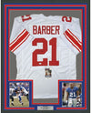Framed Autographed/Signed Tiki Barber 35x39 New York White Football Jersey JSA COA