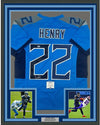 Framed Autographed/Signed Derrick Henry 35x39 Tennessee Titans Light Blue Football Jersey Beckett BAS COA