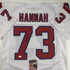 Autographed/Signed John Hannah HOF 91 New England White Football Jersey JSA COA