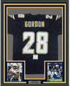 Framed Autographed/Signed Melvin Gordon 35x39 Los Angeles LA Chargers Dark Blue Football Jersey Beckett BAS COA