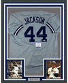 Framed Autographed/Signed Reggie Jackson 35x39 New York Grey Baseball Jersey Beckett BAS COA