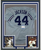Framed Autographed/Signed Reggie Jackson 35x39 New York Grey Baseball Jersey Beckett BAS COA
