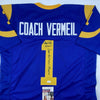Autographed/Signed Dick Vermeil Super Bowl XXXIV St. Louis Royal Blue Football Jersey JSA COA