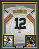 Framed Autographed/Signed Terry Bradshaw 35x39 Pittsburgh White Football Jersey Beckett BAS COA