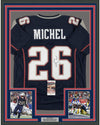Framed Autographed/Signed Sony Michel 35x39 New England Blue Football Jersey JSA COA
