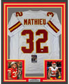 Framed Autographed/Signed Tyrann Mathieu 35x39 Kansas City White Football Jersey JSA COA