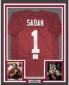 Framed Autographed/Signed Nick Saban 35x39 Alabama Red College Football Jersey Beckett BAS COA