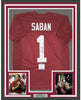 Framed Autographed/Signed Nick Saban 35x39 Alabama Red College Football Jersey Beckett BAS COA