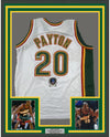 FRAMED Autographed/Signed Gary Payton 35x39 Seattle White Basketball Jersey Beckett BAS COA