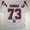 Autographed/Signed John Hannah HOF 91 New England White Football Jersey JSA COA