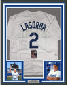 Framed Autographed/Signed Tommy Tom Lasorda 35x39 Los Angeles LA White Baseball Jersey JSA COA