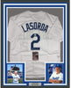 Framed Autographed/Signed Tommy Tom Lasorda 35x39 Los Angeles LA White Baseball Jersey JSA COA