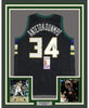 Framed Autographed/Signed Giannis Antetokounmpo 35x39 Milwaukee Black Basketball Jersey JSA COA