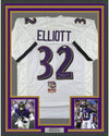 Framed Autographed/Signed DeShon Elliott 35x39 Baltimore White Football Jersey JSA COA