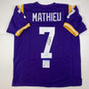 Autographed/Signed Tyrann Mathieu Inscribed Honey Badger LSU Purple College Football Jersey PSA/DNA COA