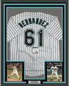 Framed Autographed/Signed Livan Hernandez 97 WS MVP 35x39 Florida Pinstripe Baseball Jersey PSA/DNA COA