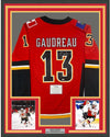 Framed Autographed/Signed Johnny Gaudreau 35x39 Calgary Flames Red Hockey Jersey Fanatics COA