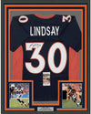 Framed Autographed/Signed Phillip Lindsay 35x39 Denver Blue Football Jersey JSA COA