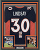 Framed Autographed/Signed Phillip Lindsay 35x39 Denver Blue Football Jersey JSA COA