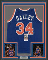 Framed Autographed/Signed Charles Oakley 35x39 New York Blue Basketball Jersey JSA COA