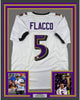 Framed Autographed/Signed Joe Flacco 35x39 Baltimore White Football Jersey JSA COA