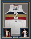 Framed Autographed/Signed Lonzo Ball 35x39 New Orleans White Basketball Jersey Beckett BAS COA