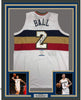 Framed Autographed/Signed Lonzo Ball 35x39 New Orleans White Basketball Jersey Beckett BAS COA
