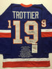 Autographed/Signed Bryan Trottier Inscribed HOF 97  New York Islanders Blue Stat Hockey Jersey JSA COA