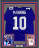 Framed Autographed/Signed Eli Manning 35x39 New York Blue Football Jersey Steiner Sports COA Hologram Only