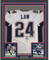 Framed Autographed/Signed Ty Law 35x39 New England White Football Jersey JSA COA