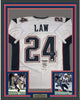Framed Autographed/Signed Ty Law 35x39 New England White Football Jersey JSA COA