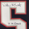 Framed Autographed/Signed Willie McGinest 3x SB Champ 35x39 New England Blue Football Jersey JSA COA