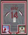 Framed Autographed/Signed Pete Rose 4256 35x39 Cincinnati Grey Baseball Jersey JSA COA