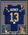 Framed Autographed/Signed Kurt Warner 35x39 St. Louis Blue Football Jersey JSA COA