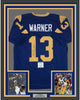 Framed Autographed/Signed Kurt Warner 35x39 St. Louis Blue Football Jersey JSA COA