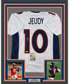 Framed Autographed/Signed Jerry Jeudy 35x39 Denver White Football Jersey JSA COA