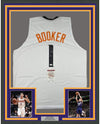 Framed Autographed/Signed Devin Booker 35x39 Phoenix White Basketball Jersey JSA COA
