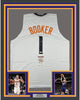Framed Autographed/Signed Devin Booker 35x39 Phoenix White Basketball Jersey JSA COA
