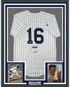 Framed Autographed/Signed Whitey Ford 35x39 New York Pinstripe Baseball Jersey PSA/DNA COA #2