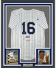 Framed Autographed/Signed Whitey Ford 35x39 New York Pinstripe Baseball Jersey PSA/DNA COA #2